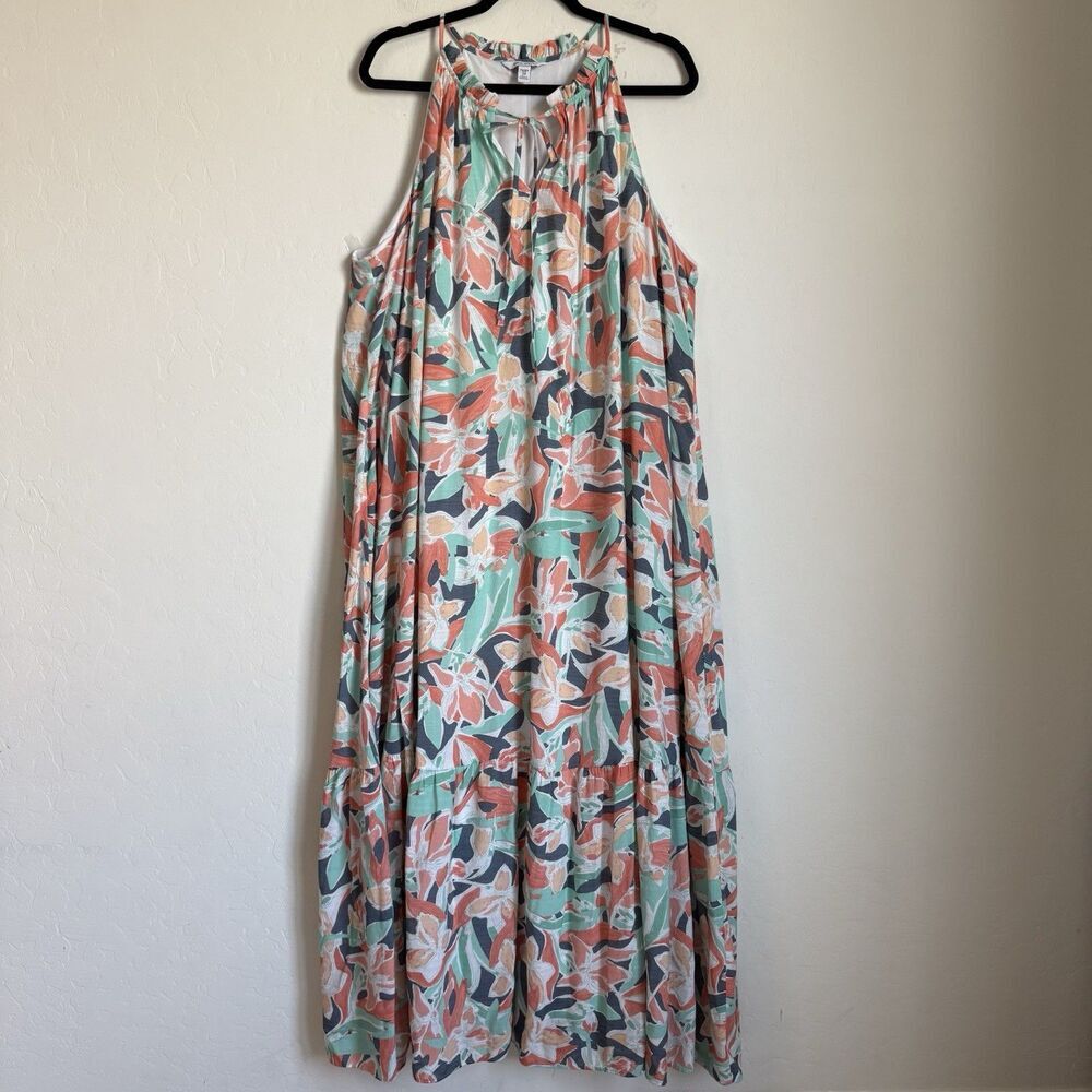 Nine West 2X Tiered Tropical Floral Maxi Halter Dress Resort Wear Beach Vacation - Picture 2 of 14